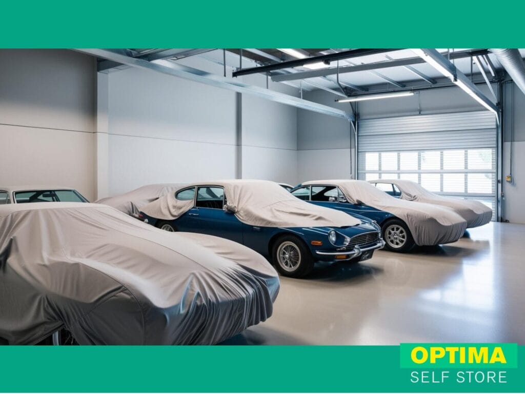 cars stored under covers in storage facility