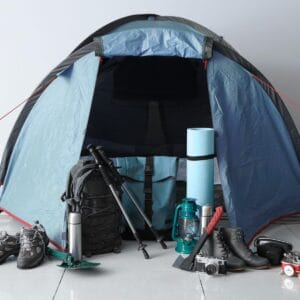 camping tent, boots, stove, lamp