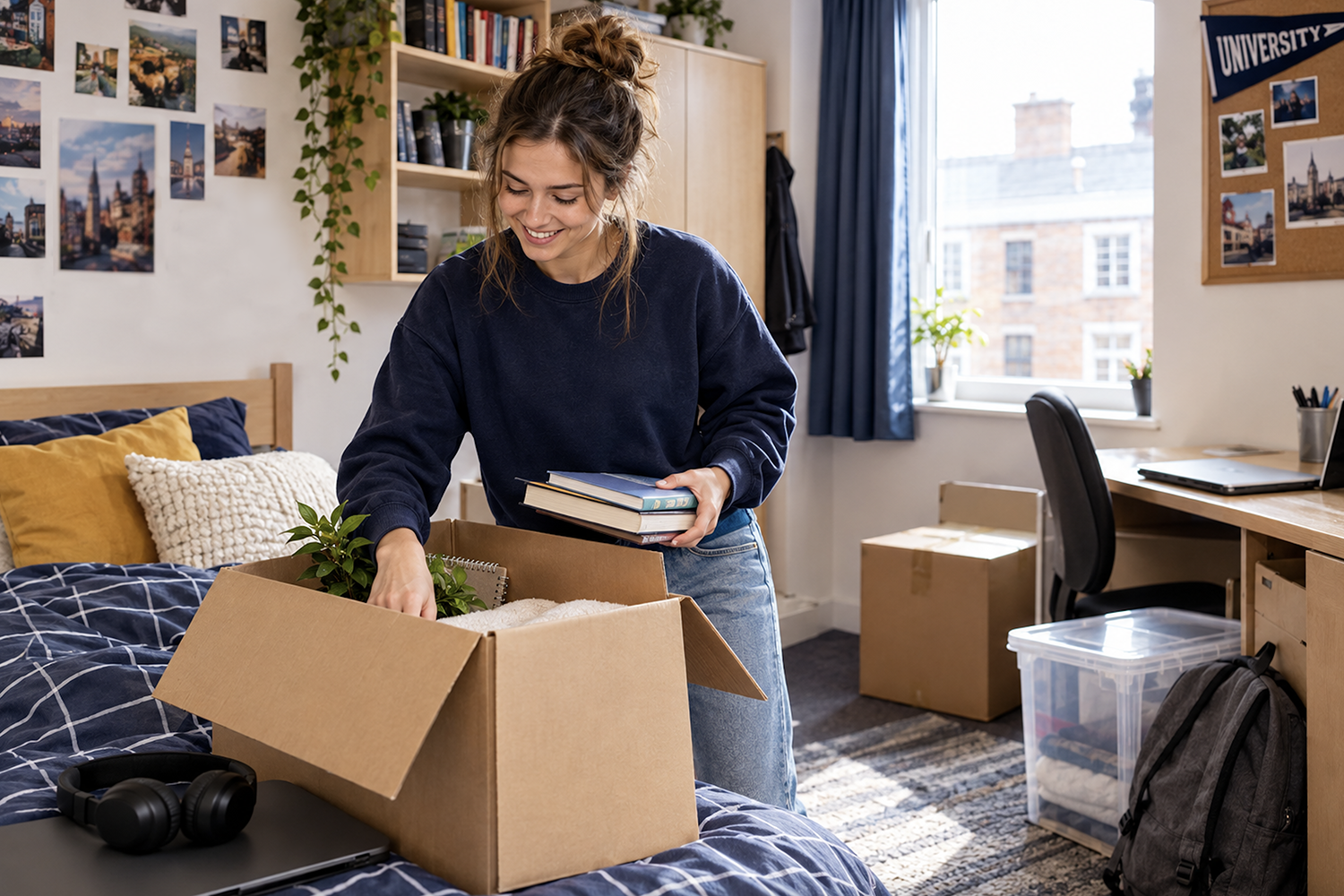 Student packing books and belongings into boxes for storage